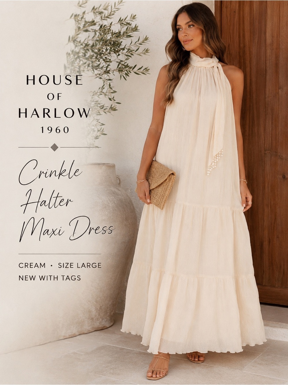House of Harlow 1960 Cream Crinkle Halter Maxi Dress NWT Size Large Pearl Tie